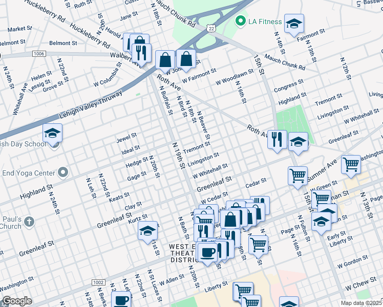 map of restaurants, bars, coffee shops, grocery stores, and more near 1819 Tremont Street in Allentown
