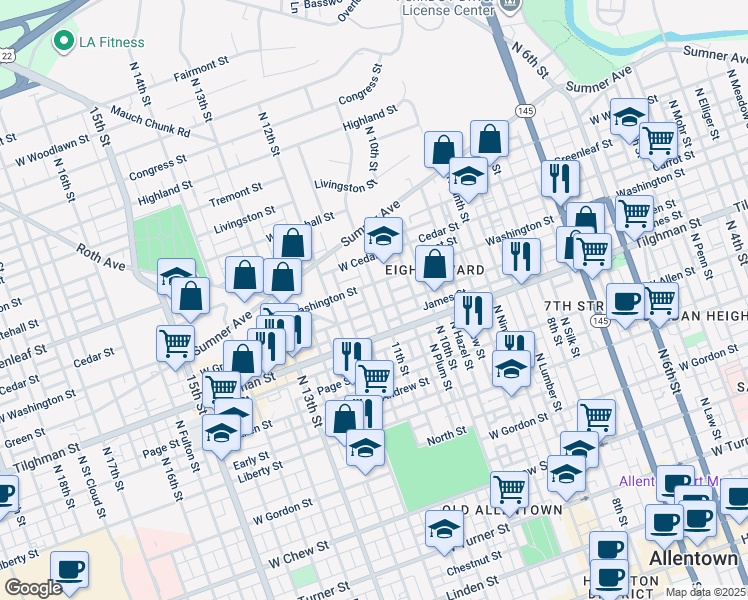 map of restaurants, bars, coffee shops, grocery stores, and more near 742 North 11th Street in Allentown