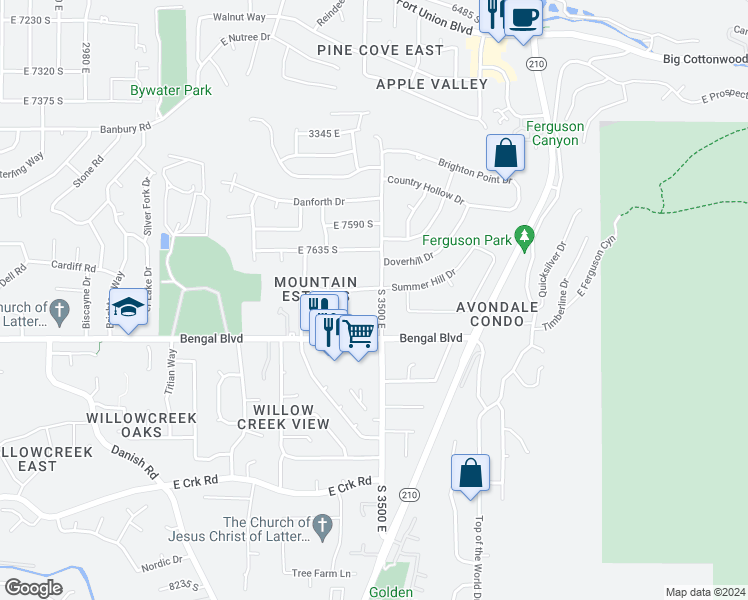 map of restaurants, bars, coffee shops, grocery stores, and more near 7726 South 3500 East in Cottonwood Heights