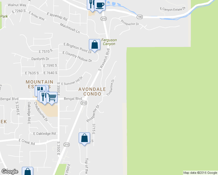 map of restaurants, bars, coffee shops, grocery stores, and more near 7732 Timberline Drive in Cottonwood Heights