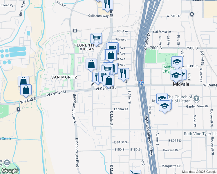 map of restaurants, bars, coffee shops, grocery stores, and more near 7702 South Main Street in Midvale