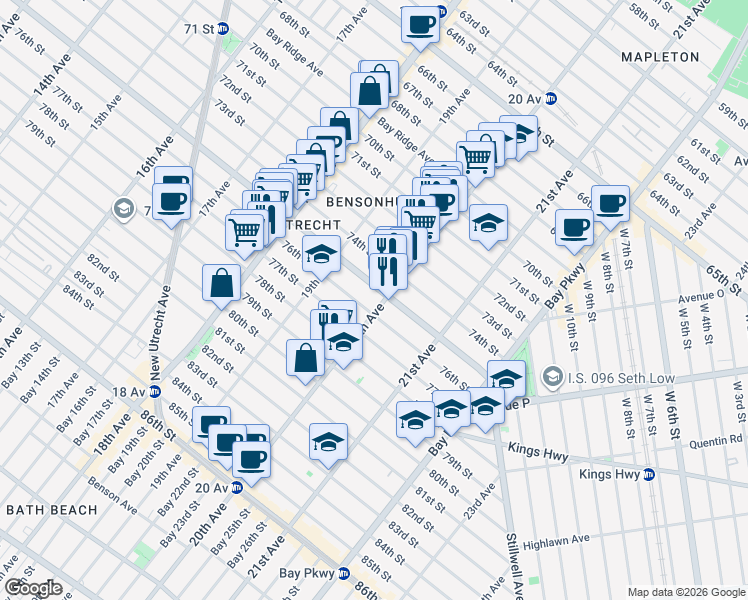 map of restaurants, bars, coffee shops, grocery stores, and more near 7510 20th Avenue in Brooklyn