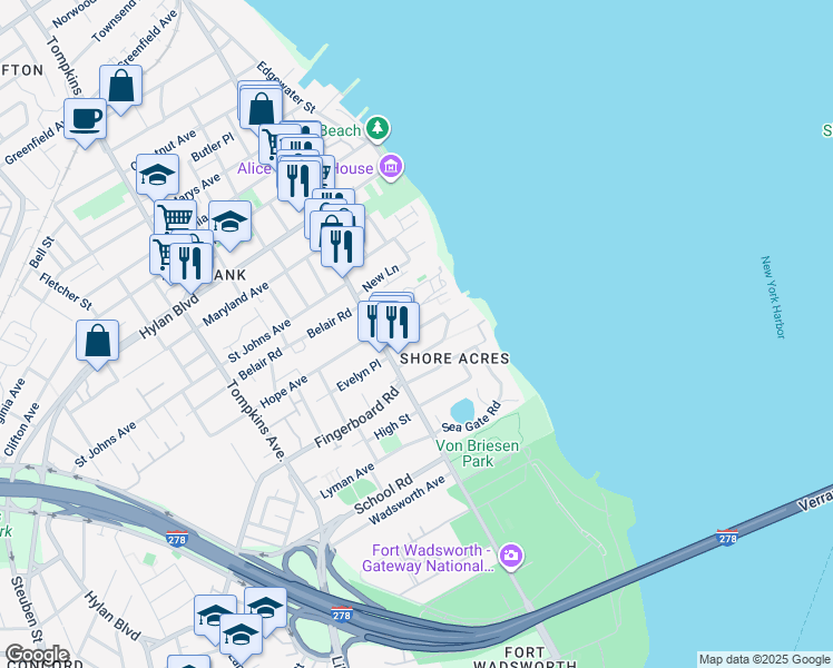 map of restaurants, bars, coffee shops, grocery stores, and more near 62 Nautilus Street in Staten Island