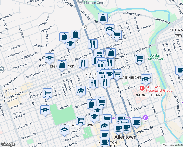 map of restaurants, bars, coffee shops, grocery stores, and more near 630 North 7th Street in Allentown