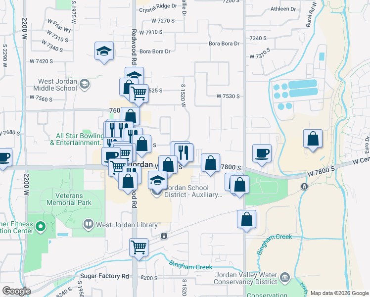 map of restaurants, bars, coffee shops, grocery stores, and more near 7701 South 1530 West in West Jordan