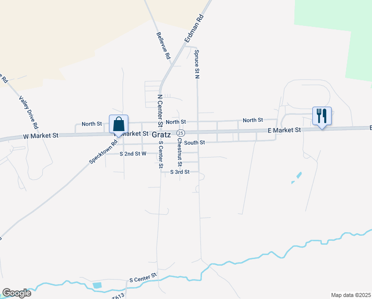 map of restaurants, bars, coffee shops, grocery stores, and more near 125 South 2nd Street East in Gratz