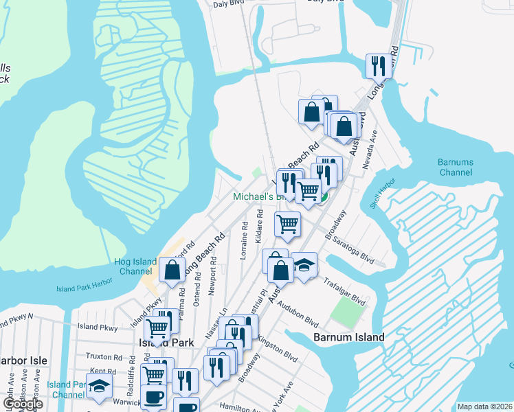 map of restaurants, bars, coffee shops, grocery stores, and more near 544 Long Beach Road in Island Park