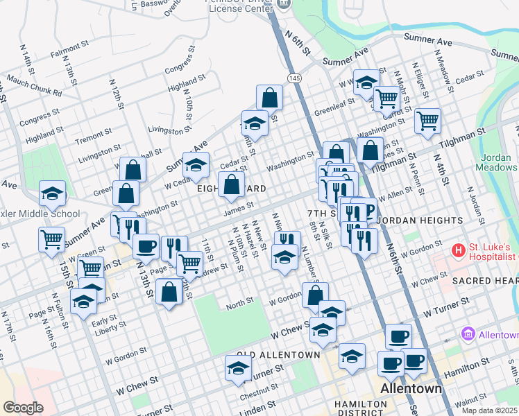 map of restaurants, bars, coffee shops, grocery stores, and more near 917 Tilghman Street in Allentown