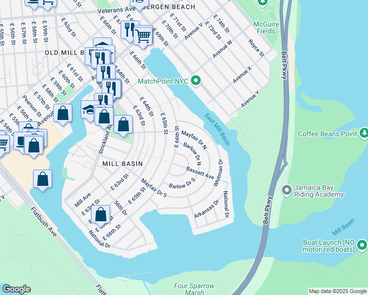 map of restaurants, bars, coffee shops, grocery stores, and more near 2 Barlow Drive North in Brooklyn