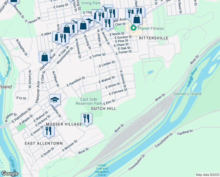 map of restaurants, bars, coffee shops, grocery stores, and more near 937 East Union Street in Allentown