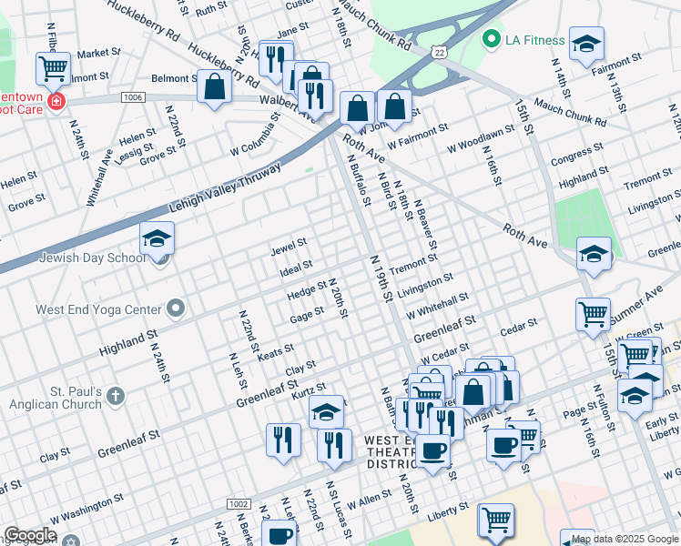 map of restaurants, bars, coffee shops, grocery stores, and more near 1944 West Highland Street in Allentown
