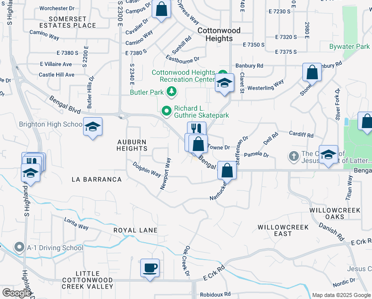map of restaurants, bars, coffee shops, grocery stores, and more near 2540 Bengal Boulevard in Cottonwood Heights
