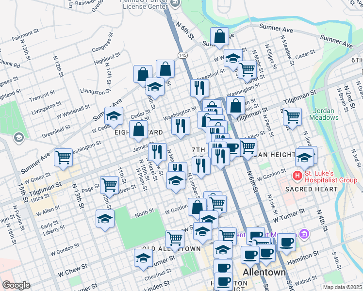 map of restaurants, bars, coffee shops, grocery stores, and more near 637 North Refwal Street in Allentown