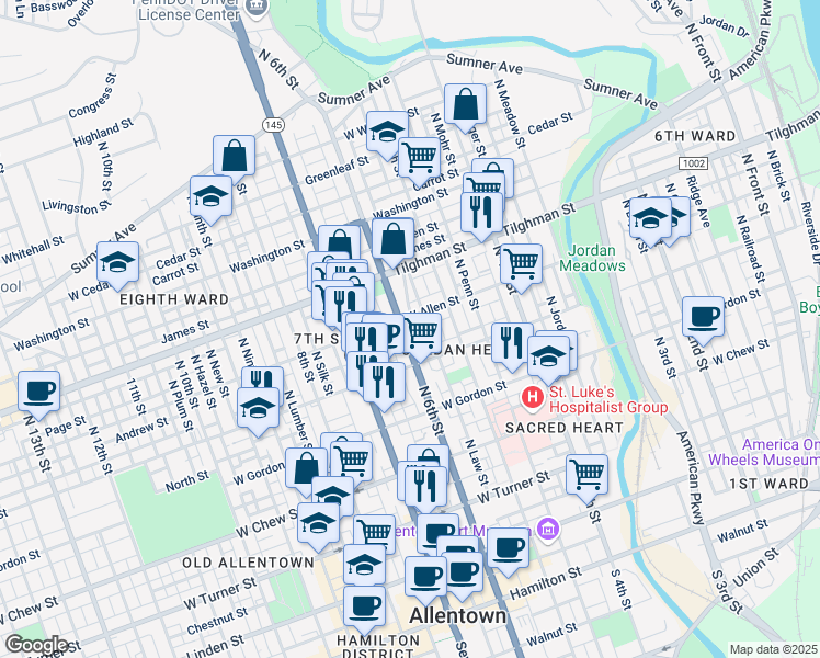 map of restaurants, bars, coffee shops, grocery stores, and more near 537 North 6th Street in Allentown