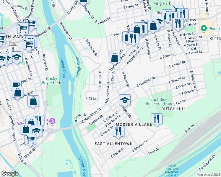 map of restaurants, bars, coffee shops, grocery stores, and more near 348 Hanover Avenue in Allentown