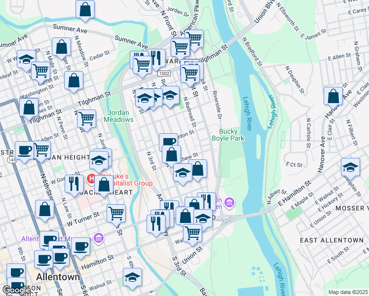 map of restaurants, bars, coffee shops, grocery stores, and more near 328 Ridge Avenue in Allentown