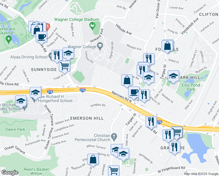map of restaurants, bars, coffee shops, grocery stores, and more near 142 Longview Road in Staten Island