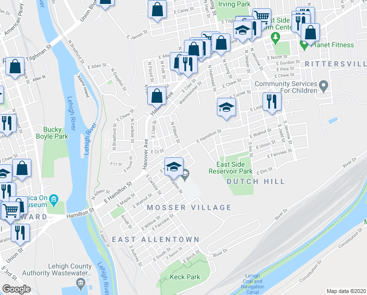 map of restaurants, bars, coffee shops, grocery stores, and more near 1 North Filbert Street in Allentown