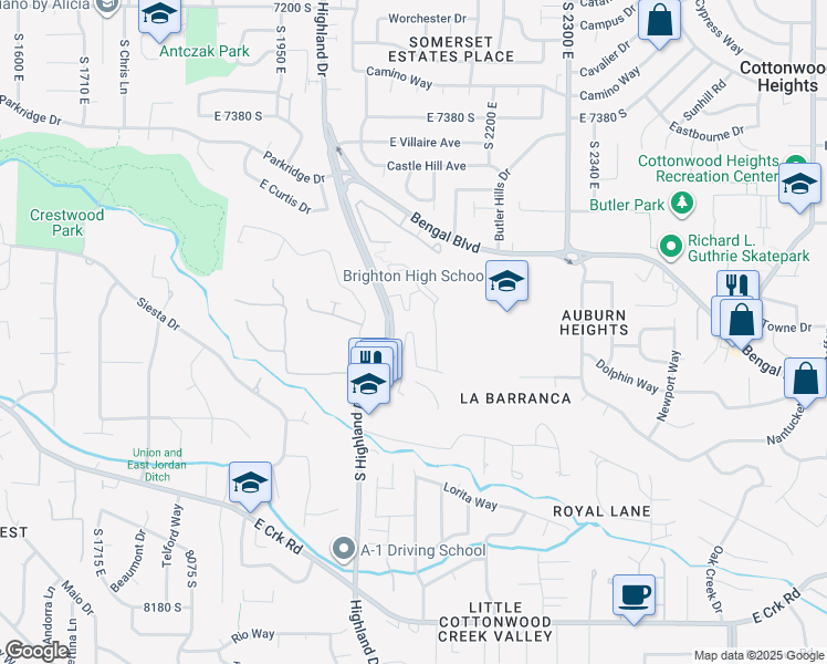 map of restaurants, bars, coffee shops, grocery stores, and more near 2089 Pinnacle Terrace Way in Cottonwood Heights