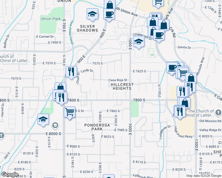 map of restaurants, bars, coffee shops, grocery stores, and more near 912 East 7725 South in Midvale
