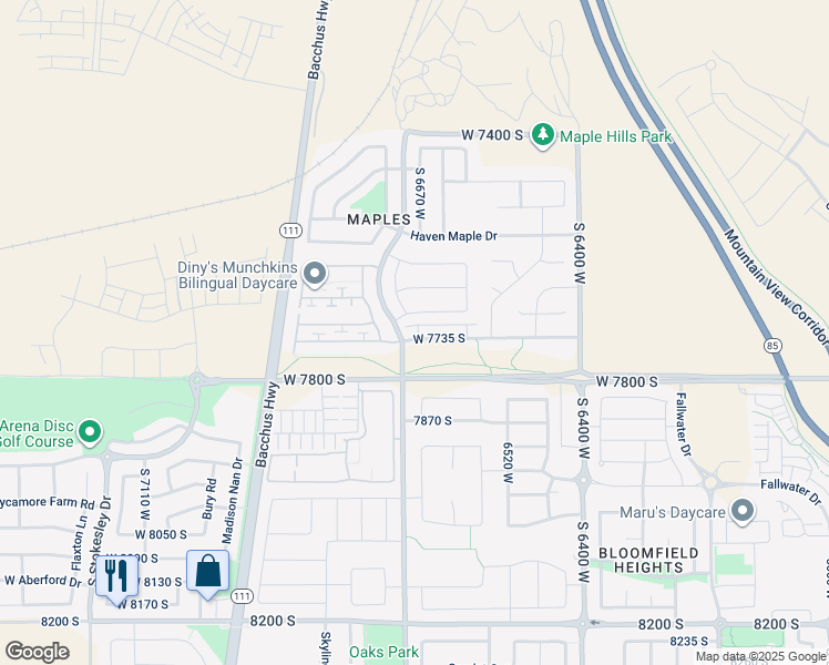 map of restaurants, bars, coffee shops, grocery stores, and more near 6655 West Terrace Wash Lane in West Jordan