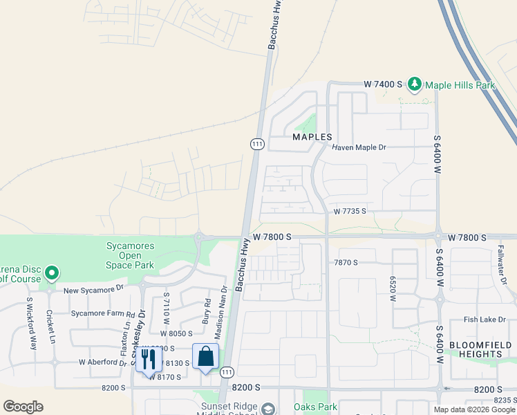 map of restaurants, bars, coffee shops, grocery stores, and more near 7716 New Snowbell Lane in West Jordan