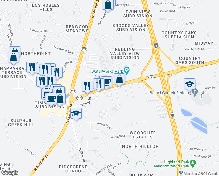 map of restaurants, bars, coffee shops, grocery stores, and more near 120 California 299 in Redding