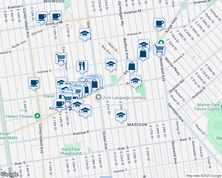 map of restaurants, bars, coffee shops, grocery stores, and more near 1658 East 22nd Street in Brooklyn