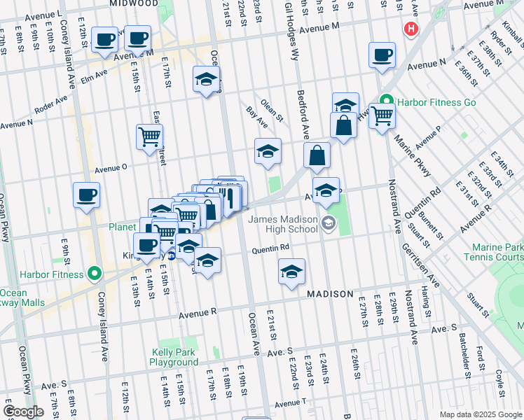 map of restaurants, bars, coffee shops, grocery stores, and more near 1658 East 22nd Street in Brooklyn