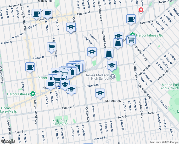 map of restaurants, bars, coffee shops, grocery stores, and more near 1658 East 22nd Street in Brooklyn