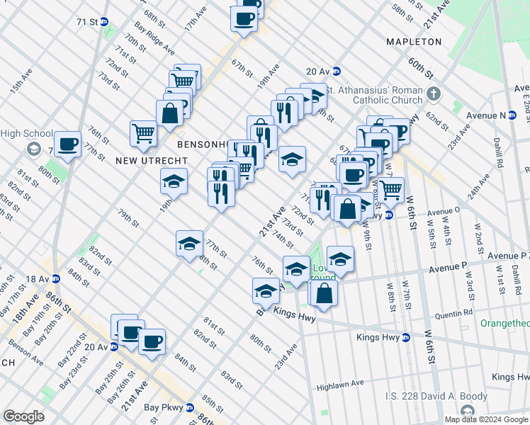 map of restaurants, bars, coffee shops, grocery stores, and more near 2062 73rd Street in Brooklyn
