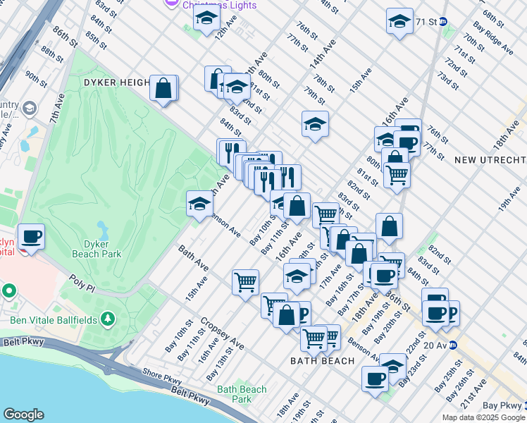 map of restaurants, bars, coffee shops, grocery stores, and more near 8622 15th Avenue in Brooklyn