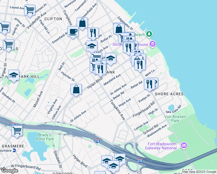 map of restaurants, bars, coffee shops, grocery stores, and more near 258 Maryland Avenue in Staten Island