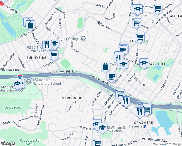 map of restaurants, bars, coffee shops, grocery stores, and more near 142 Longview Road in Staten Island
