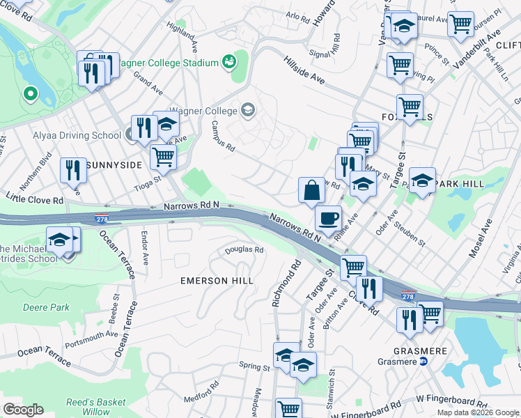 map of restaurants, bars, coffee shops, grocery stores, and more near 755 Narrows Road North in Staten Island