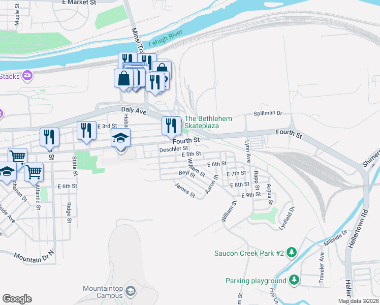 map of restaurants, bars, coffee shops, grocery stores, and more near 1417 East 5th Street in Bethlehem