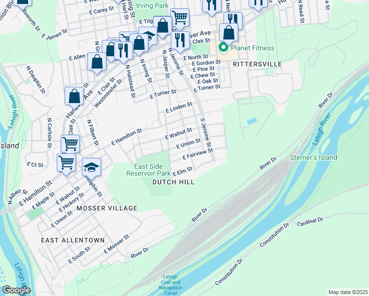 map of restaurants, bars, coffee shops, grocery stores, and more near 937 East Union Street in Allentown