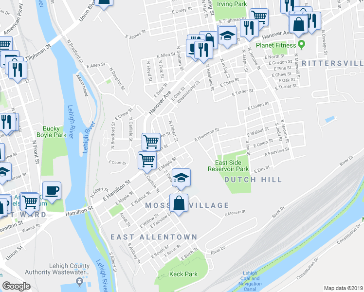 map of restaurants, bars, coffee shops, grocery stores, and more near 10 North Filbert Street in Allentown