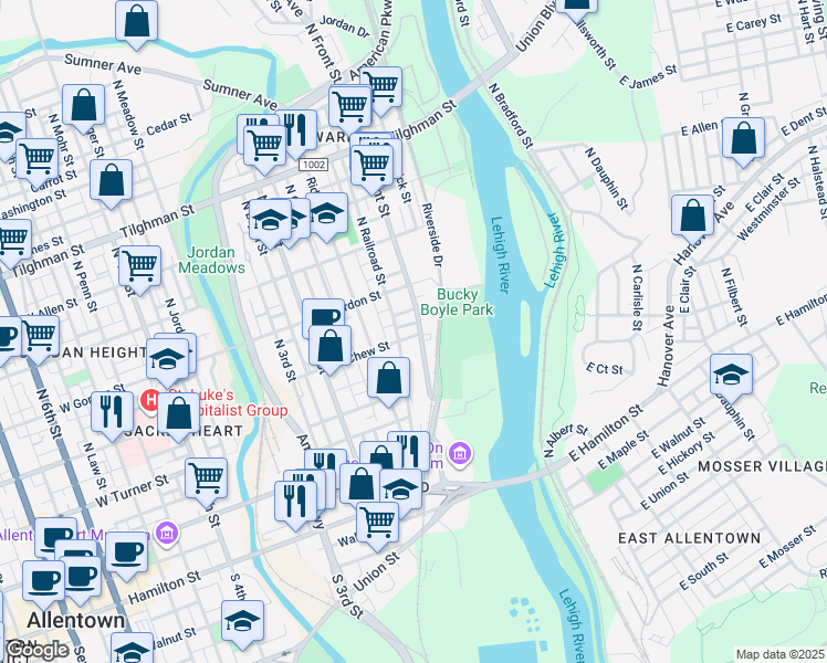 map of restaurants, bars, coffee shops, grocery stores, and more near in Allentown