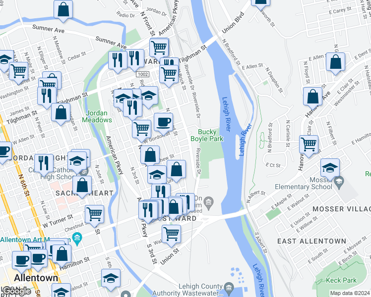 map of restaurants, bars, coffee shops, grocery stores, and more near 109 West Pine Street in Allentown