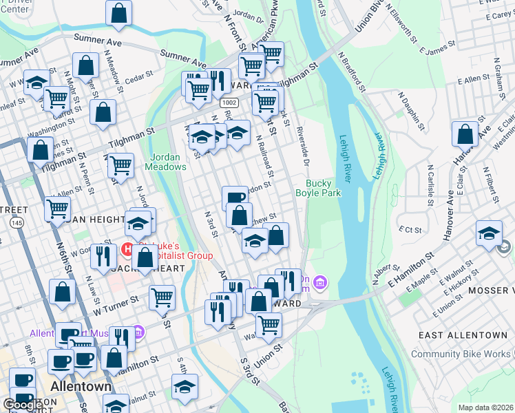 map of restaurants, bars, coffee shops, grocery stores, and more near 328 Ridge Avenue in Allentown