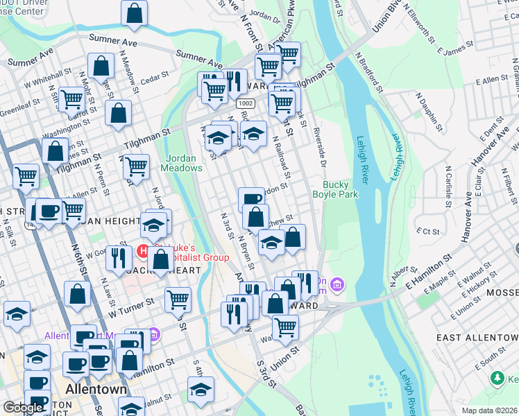 map of restaurants, bars, coffee shops, grocery stores, and more near 190 West Gordon Street in Allentown