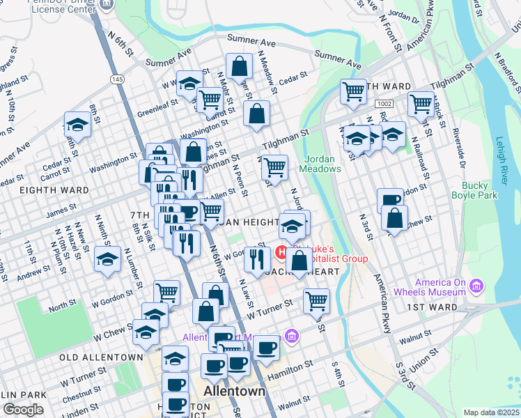 map of restaurants, bars, coffee shops, grocery stores, and more near 409 Liberty Street in Allentown