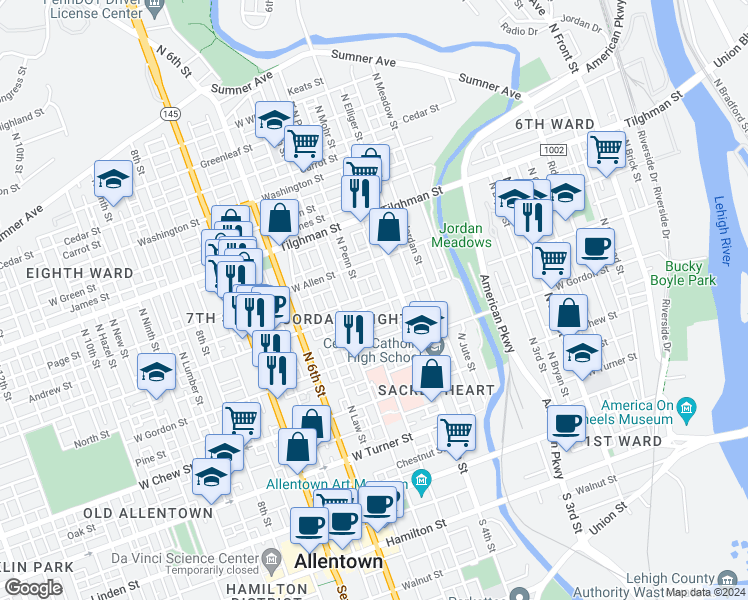 map of restaurants, bars, coffee shops, grocery stores, and more near 409 Liberty Street in Allentown