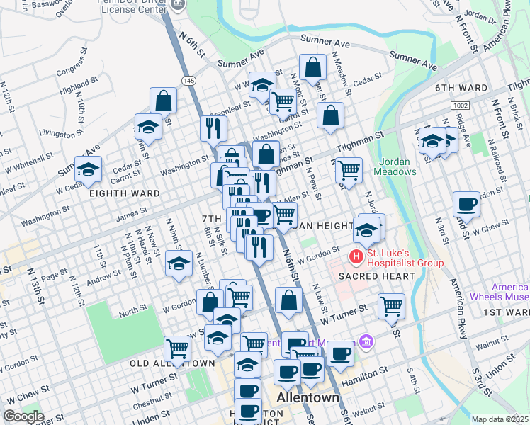 map of restaurants, bars, coffee shops, grocery stores, and more near 602 North 6th Street in Allentown
