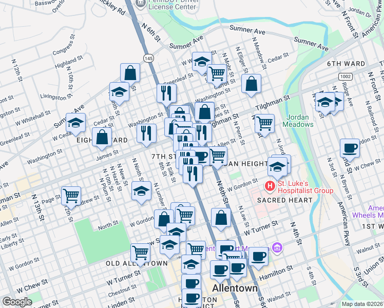 map of restaurants, bars, coffee shops, grocery stores, and more near 611 North 7th Street in Allentown