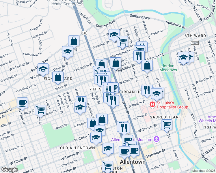 map of restaurants, bars, coffee shops, grocery stores, and more near 611 North 7th Street in Allentown