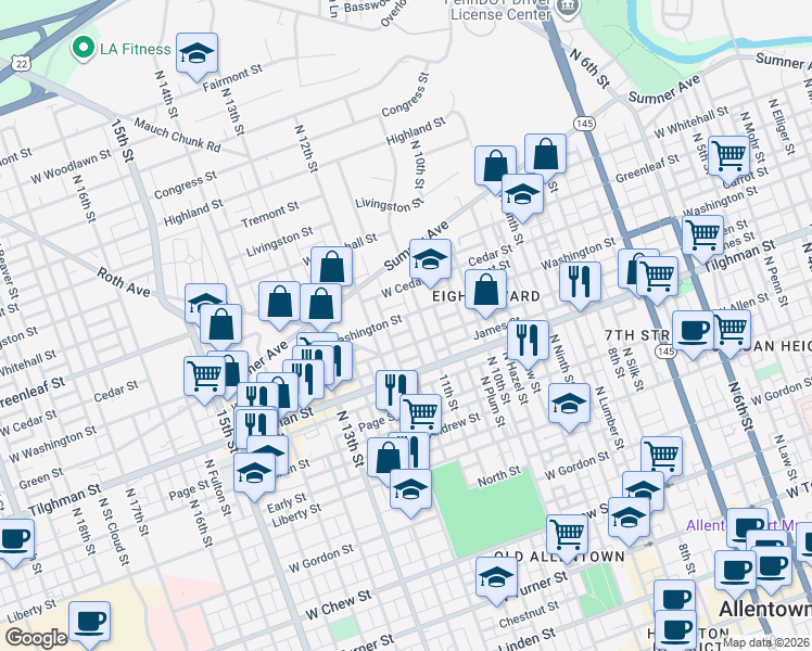 map of restaurants, bars, coffee shops, grocery stores, and more near 1123 Washington Street in Allentown