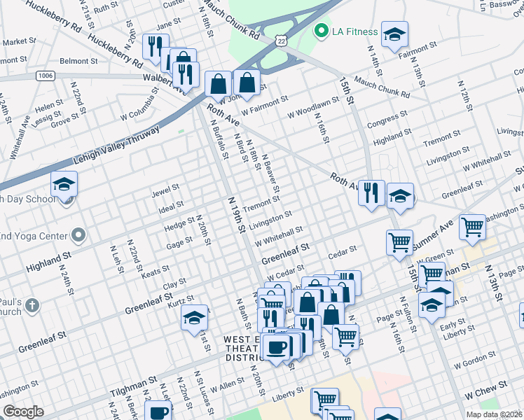 map of restaurants, bars, coffee shops, grocery stores, and more near 1819 Tremont Street in Allentown