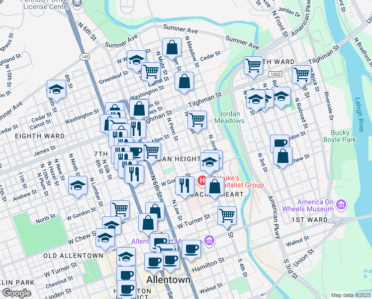 map of restaurants, bars, coffee shops, grocery stores, and more near 409 Liberty Street in Allentown